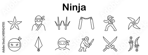 Ninja set icon. Throwing stars, masked ninja, sai blades, swords, nunchaku, martial poses, curved daggers, hooded face, hand weapons in outlined black icon set