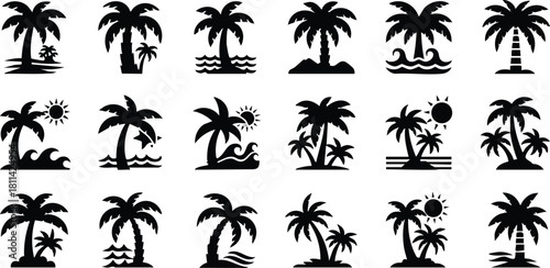 Palm tree icons set with tropical beach and sun elements in black silhouette style for summer and nature design
