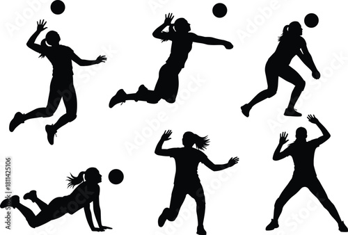 Silhouette volleyball players in action poses, dynamic jump spike, block, dive, receive, black vector set for sports design