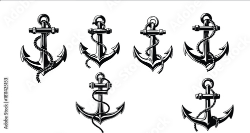 Collection of six detailed black and white vintage anchors with ropes vector illustrations on white background