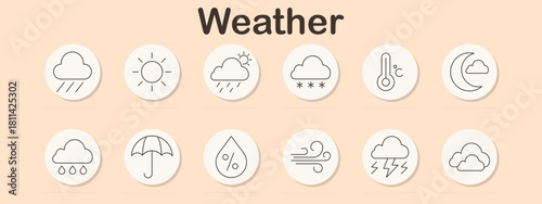 Weather set icon. Rain, sun, snow, cloud, thermometer, moon, drops, umbrella, humidity, wind, storm, overcast. Forecast, climate, temperature, season, nature, air, sky, condition, pressure.