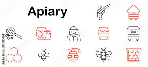 Apiary set icon. Beekeeper, honey jar, hive, dripping dipper, bees, honeycomb, frames, apiary house, tool, hexagon, swarm, sweet product, nature, pollination, work, insect.