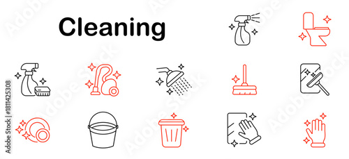 Cleaning set icon. Spray, toilet, vacuum, mop, bucket, dish, glove, sponge, brush, mirror, trash, shine, hygiene, scrub, disinfect, tidy.