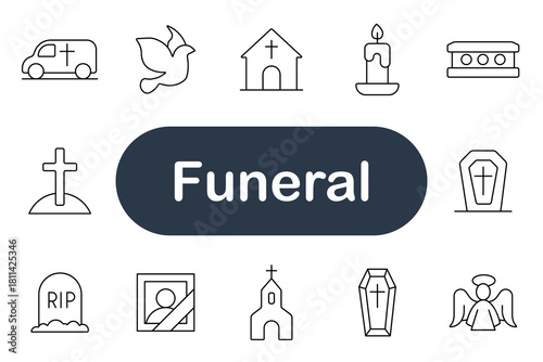 Funeral set icon. Coffin, grave, tombstone, angel, dove, candle, hearse, cross, portrait, church, cemetery, memorial, mourning, death, remembrance, ceremony, peace, grief, spirituality, farewell