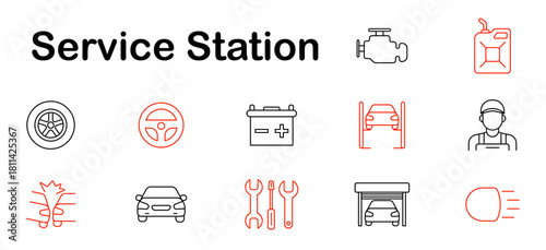 Service station set icon. Tire, steering wheel, oil, engine, tools, mechanic, lift, battery, fuel, diagnostics, garage, headlight, maintenance, repair, service.