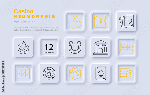 Casino set icon. Clean outlined icons show slot machine, safe, dice, cards, chips, casino building, cherries, flames, horseshoe, jackpot, coin stack, roulette, and tokens.