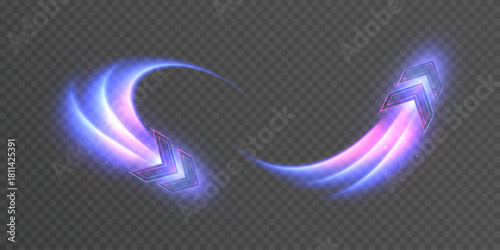 Neon speed arrows with purple highlights and dynamic glowing stripes on a transparent background. A vector tech interface element for overlays, speed design, racing, and technology interface effects.