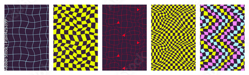 A set of Y2K psychedelic wavy acid backgrounds. Surreal abstract checkered patterns. Vector backgrounds in the trendy style of 90s.