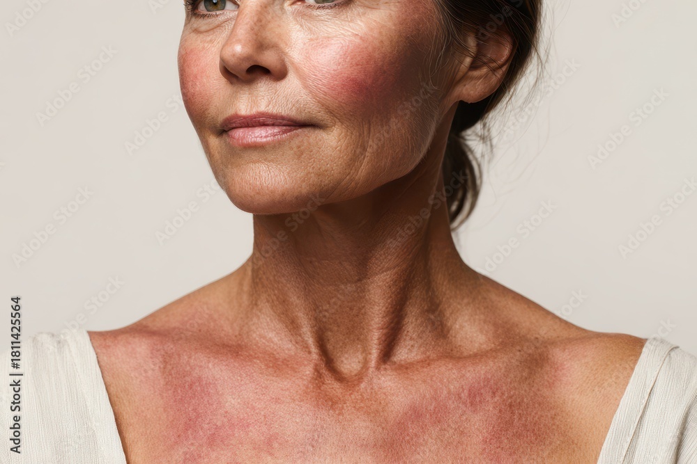 Obraz premium Studio portrait of a woman with sunburned skin against a pure white background