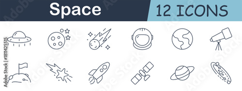 Space set icon. UFO, moon, comet, astronaut, planet, telescope, rover, flag, star, rocket, satellite, and ringed planet in cosmic outline design.