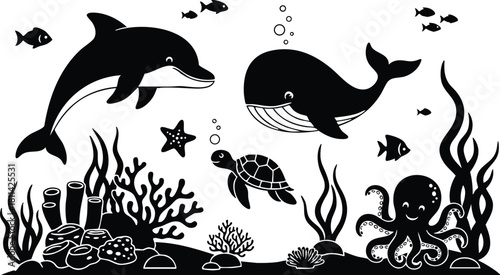 Underwater marine life illustration with dolphin whale turtle octopus coral reef and fish in black and white style