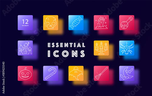 Halloween set icon. Haunted house, jack-o-lantern, ghost, skull, witch broom, candy, potion, rising hand, spider, bat, crescent moon, candles, scare face, cane, vampire.