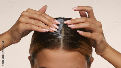 Woman Applying White Cream to Scalp Along Hair Parting image photo