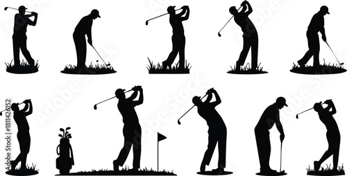 Silhouettes of golf players practicing swings on grassy course during sunset with golf bag and flag