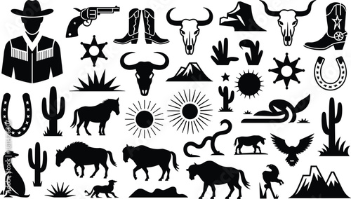 Wild West Cowboy Icons Collection, Western Silhouette Vector Set, Desert Animals, Cacti, Boots, Gun, Sheriff Badge, Horse, Buffalo, Rattlesnake, Sun, and Skull Graphics.