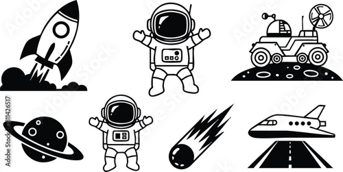 Space exploration icons with astronaut, rocket launch, moon rover, planet, meteor, and space shuttle in black and white