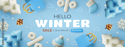 3d winter sale blue and white background design with cute clay pine frees, snowflakes and shopping elements. Vector illustration