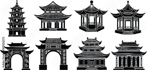 Traditional Chinese Architecture Elements Collection Black Silhouettes with Pagoda and Gate Designs