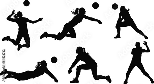 Volleyball silhouettes, black figures, action poses, spike motion, dig dive, set technique, athletic movement, vector art, white background, sports energy