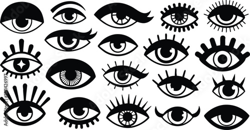 Collection of diverse black eye icons with various eyelash styles and shapes in vector format for graphic design use