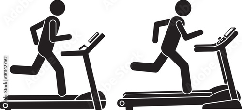 Two people running on treadmills in a simple black silhouette style