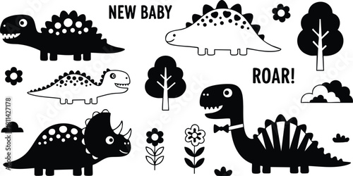 Black and white cartoon dinosaurs with trees flowers and playful text new baby roar design for kids and nursery decor