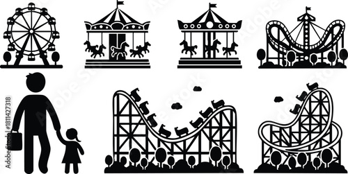 Amusement park silhouettes with ferris wheel carousel roller coaster and family holding hands vector illustration