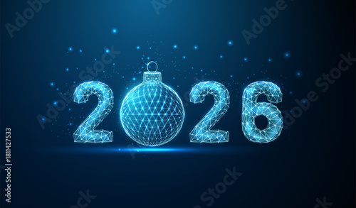 Happy New Year card with 2026 number with blue Christmas ball replacing zero Holiday celebration, Christmas holiday, festive season, winter decoration concept