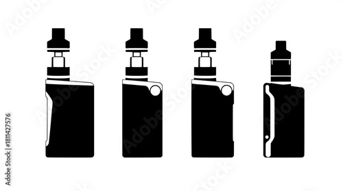 Modern minimalist illustration showing four sleek vape device silhouettes, rendered in solid black with crisp white accents, displayed in a straight line with precise equal spacing, set against a neut