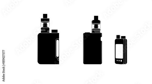 Modern minimalist illustration showing four sleek vape device silhouettes, rendered in solid black with crisp white accents, displayed in a straight line with precise equal spacing, set against a neut