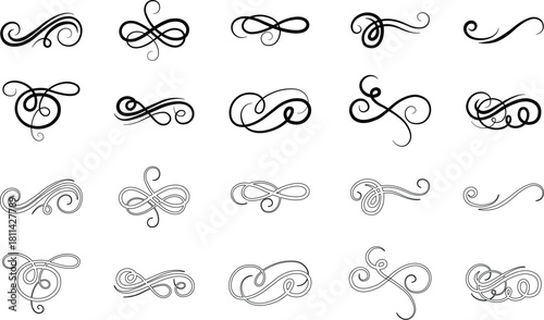 Elegant vintage calligraphic swirl set, ornate decorative flourish collection, classic filigree ornament group, swirl, curl, divider, scroll, border element, black line art design vector illustration
