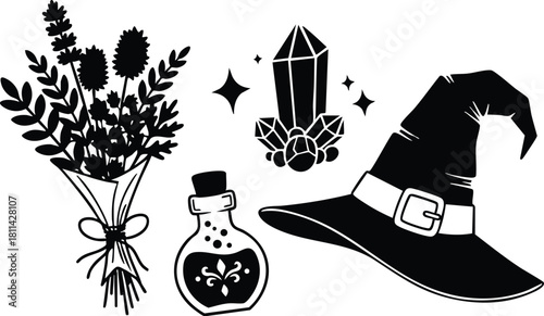 Witchcraft symbols with bouquet, potion bottle, crystal, and classic pointed hat in black silhouette style
