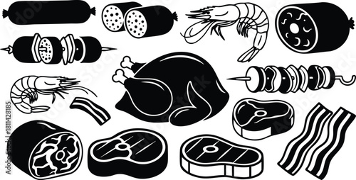 Assorted black and white meat and seafood icons including chicken shrimp steak and bacon silhouette vector illustration