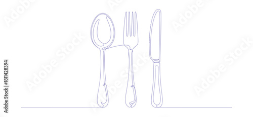 This vector artwork depicts cutlery—knife, fork, and spoon—created from one uninterrupted line for a sleek and elegant look.