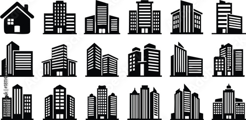 Set of modern black city building icons for urban design and architecture projects in simple flat style