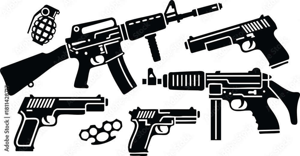 Obraz premium Collection of various black silhouette guns and ammunition including rifle, pistols, and grenade illustration