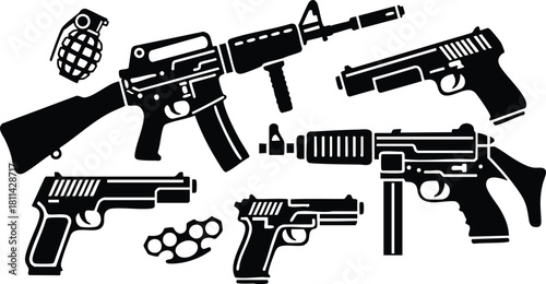 Collection of various black silhouette guns and ammunition including rifle, pistols, and grenade illustration