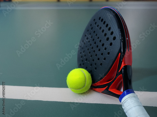 Padel Racket and Ball on Court Line