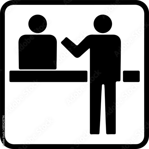 Information or Service Counter Icon. Pictogram of a Customer and Staff at a Reception Desk. Simple Black and White Vector Symbol.