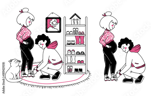 Vector illustration of a couple in love. A man cares for a pregnant woman, tying her shoelaces. Valentine's Day print. A boy and a girl in a relationship. Family coziness and care. Future parents