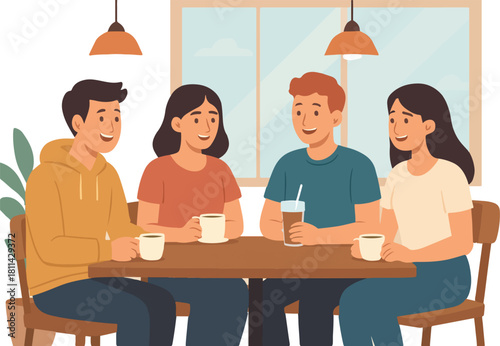 Cartoon Friends Chatting at Café Table