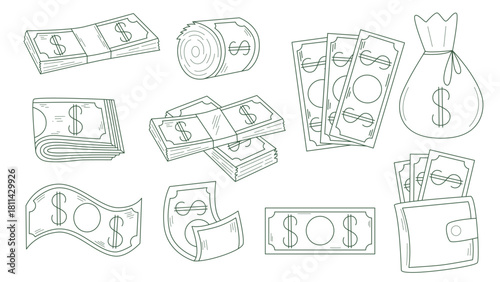 Set of line illustrations on theme of cash. Dollars in bundle, twisted bills, folded banknotes, wallet with money clip art. Black outline doodle sketch style icons finance, vector elements