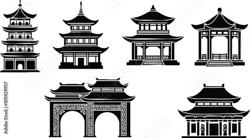 Traditional Asian pagoda and temple architectural icons vector set with ornamental gate designs for cultural illustration