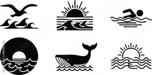 Black silhouette icons featuring ocean waves, seagull, swimmer, whale, and sun designs in various styles
