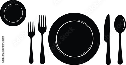 Black silhouette cutlery and plate set with cup in minimalistic style on white background