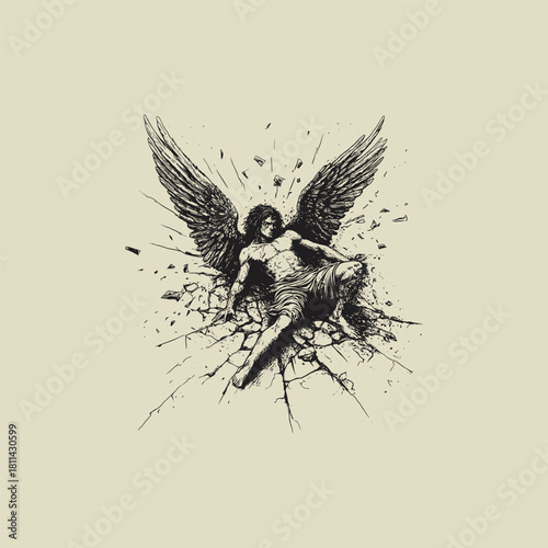 illustration of a defeated or fallen angel lying down in despair on cracked, broken earth vector template