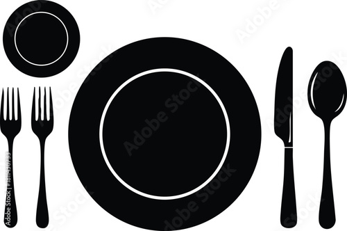 Table setting with plates forks knives and spoons in black silhouette style isolated on white background