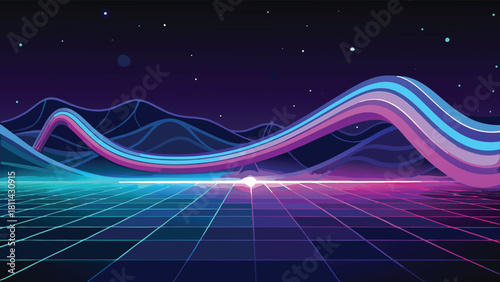 Futuristic Neon Digital Grid Data Stream Technology Background with vector illustration