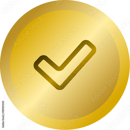 Shiny Gold Round Button With Checkmark Outline Tick Vector Icon