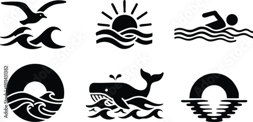 Ocean and marine life black icons with whale, sunrise, swimming, seagulls, waves and sea motifs in simple style